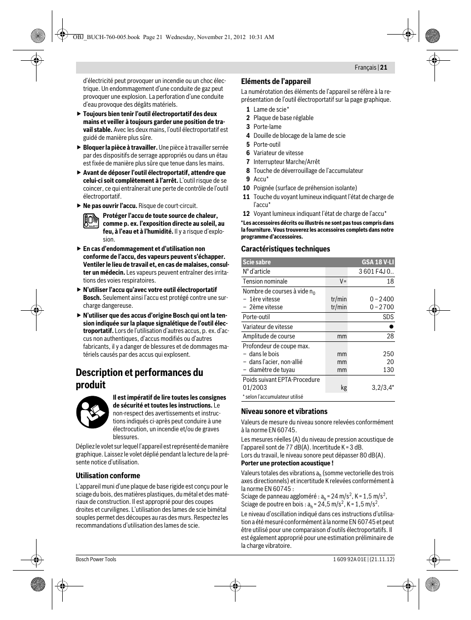 Description et performances du produit | Bosch GSA 18 V-LI Professional User Manual | Page 21 / 189