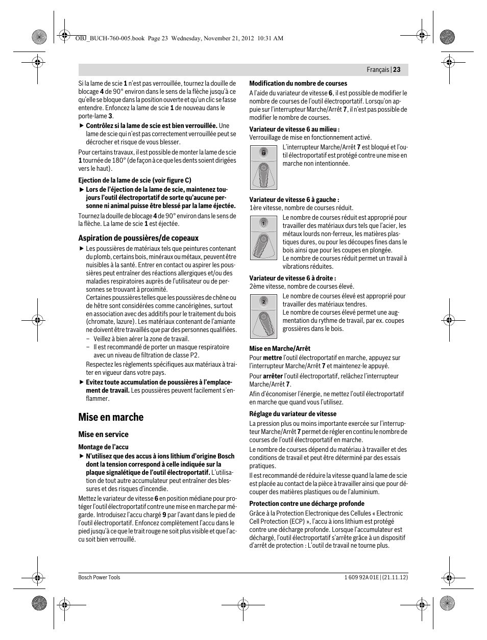 Mise en marche | Bosch GSA 18 V-LI Professional User Manual | Page 23 / 189