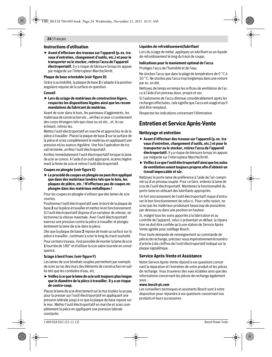 Entretien et service après-vente | Bosch GSA 18 V-LI Professional User Manual | Page 24 / 189