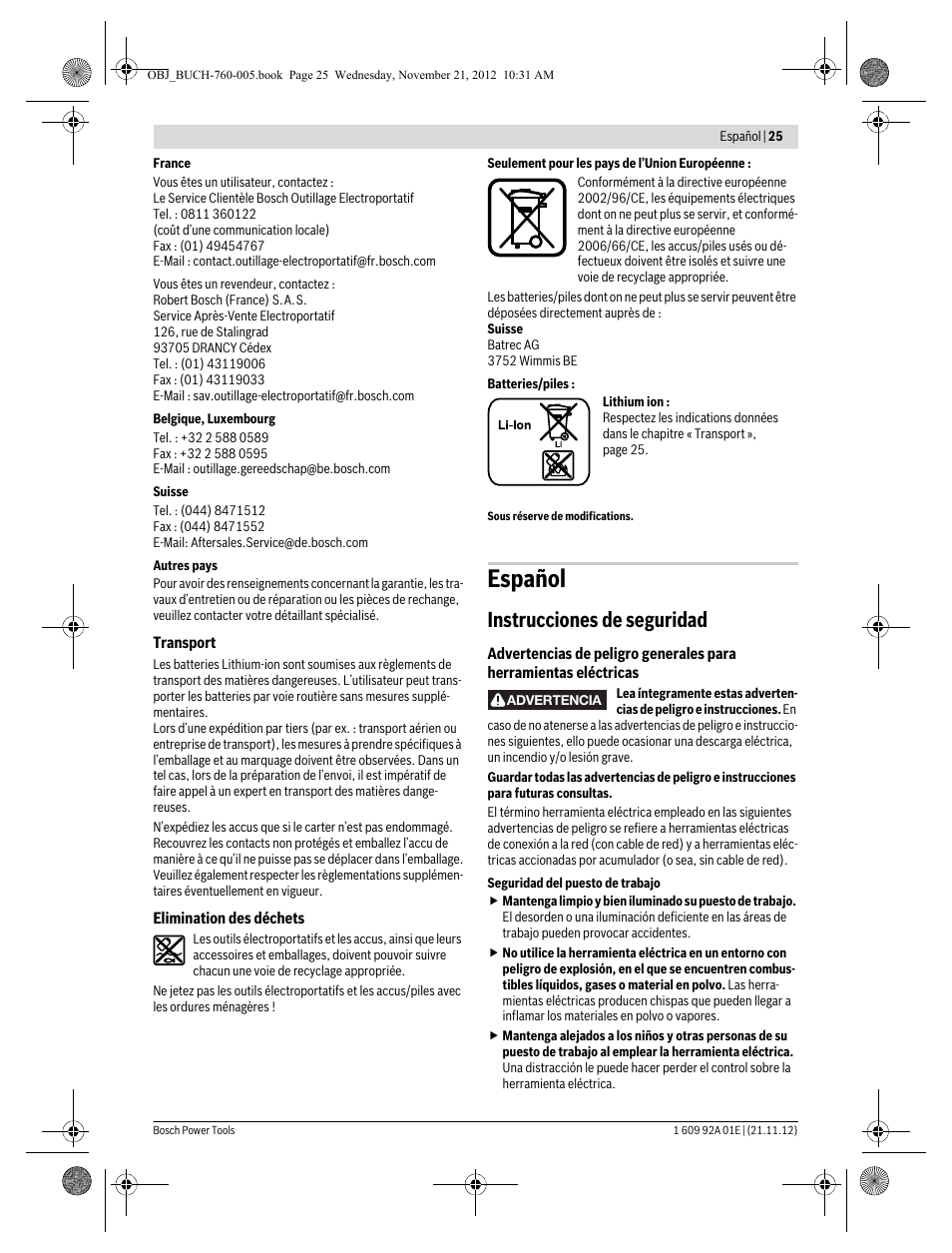Español, Instrucciones de seguridad | Bosch GSA 18 V-LI Professional User Manual | Page 25 / 189