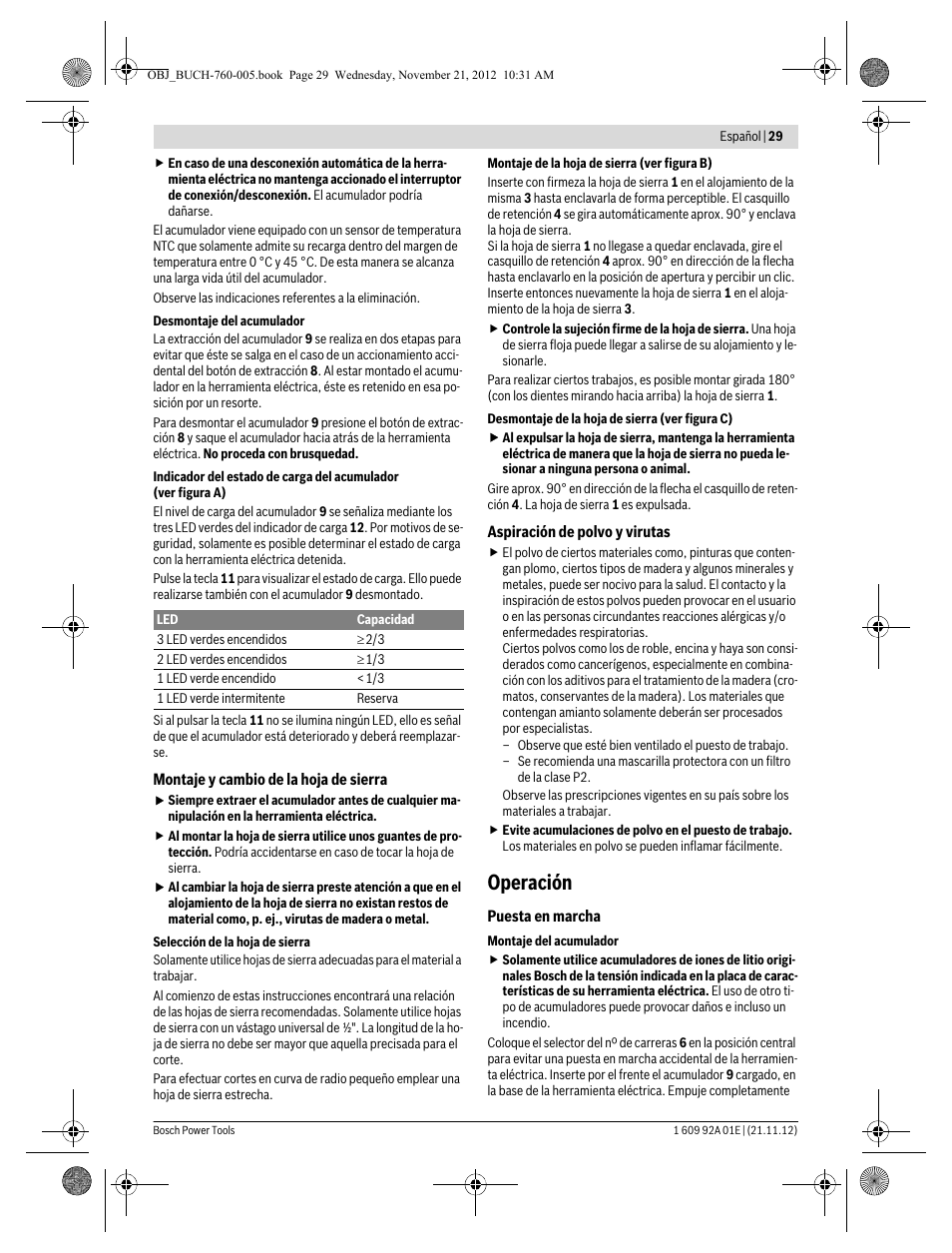 Operación | Bosch GSA 18 V-LI Professional User Manual | Page 29 / 189