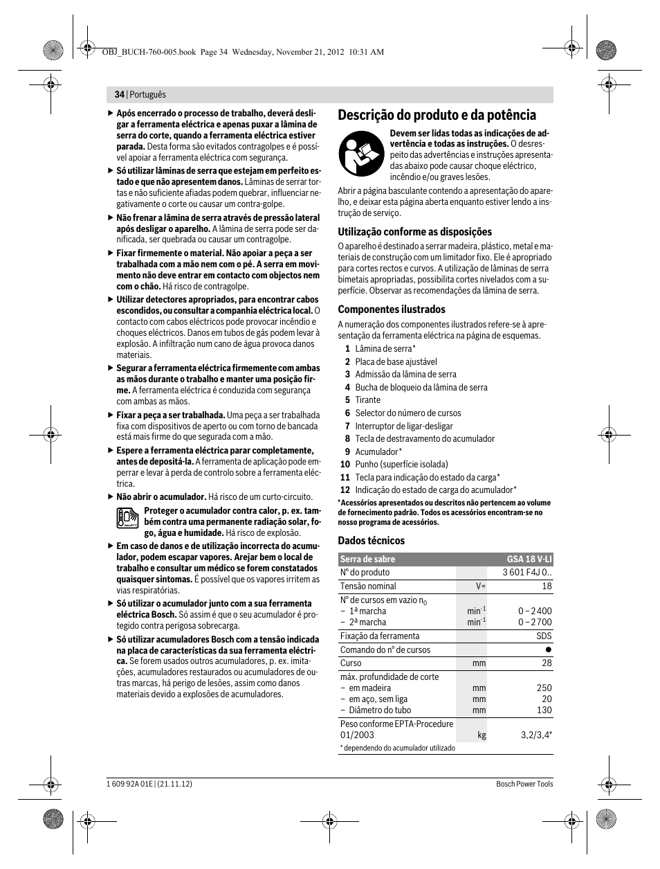 Descrição do produto e da potência | Bosch GSA 18 V-LI Professional User Manual | Page 34 / 189