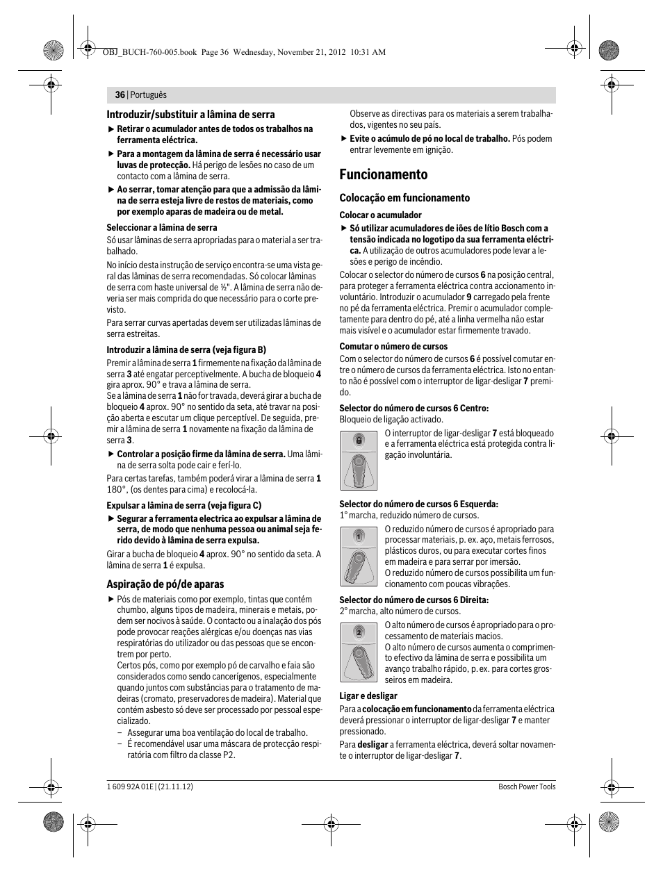 Funcionamento | Bosch GSA 18 V-LI Professional User Manual | Page 36 / 189