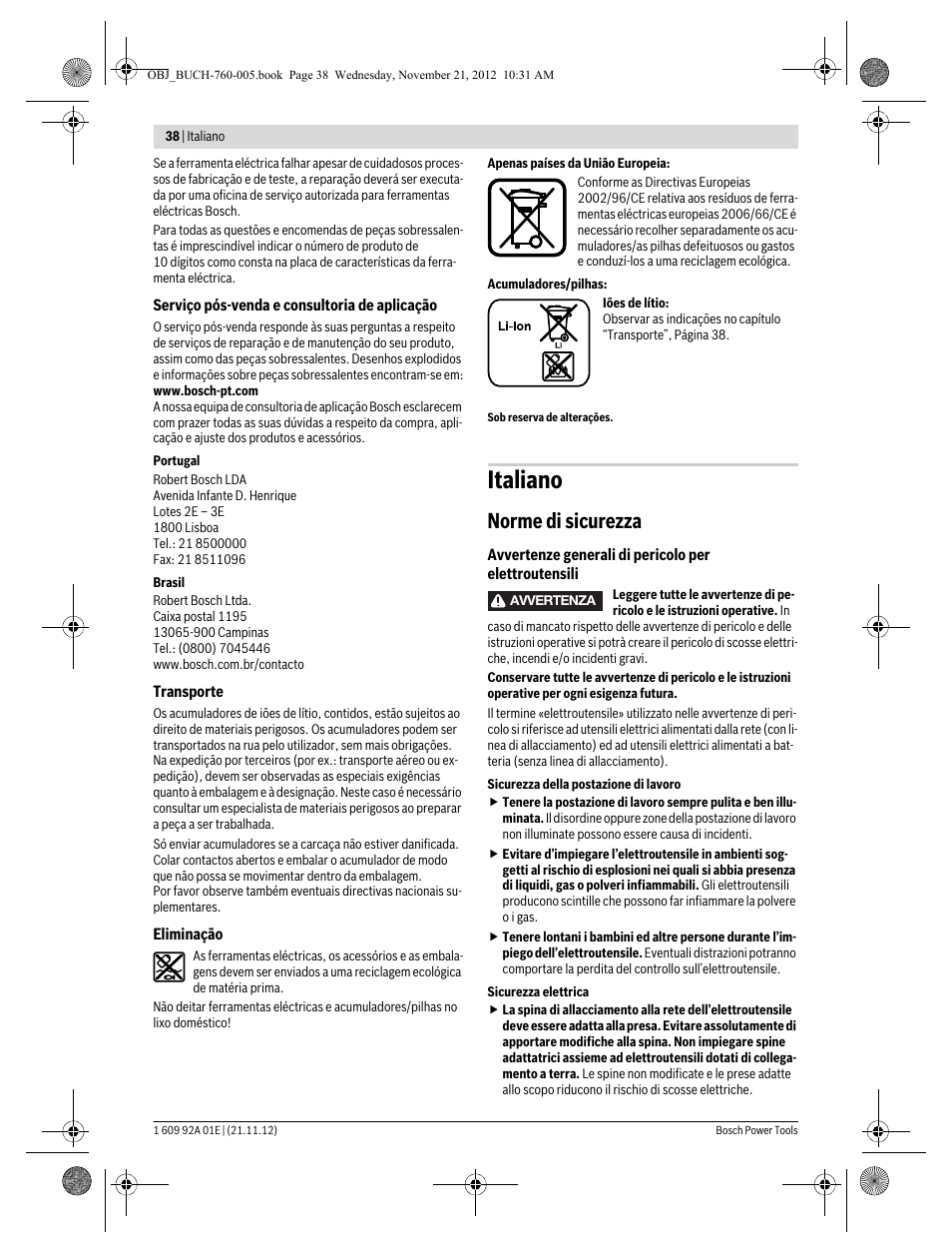 Italiano, Norme di sicurezza | Bosch GSA 18 V-LI Professional User Manual | Page 38 / 189