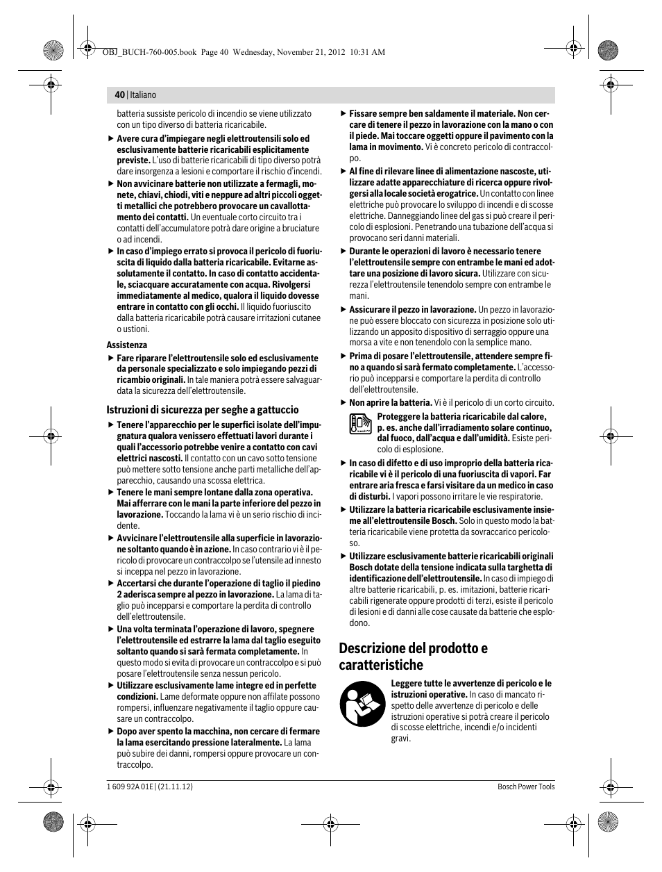 Descrizione del prodotto e caratteristiche | Bosch GSA 18 V-LI Professional User Manual | Page 40 / 189