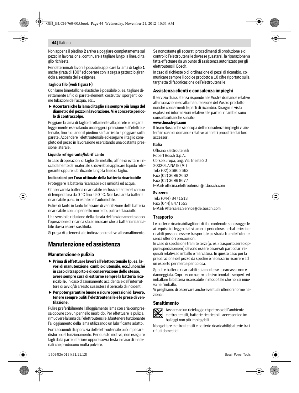 Manutenzione ed assistenza | Bosch GSA 18 V-LI Professional User Manual | Page 44 / 189