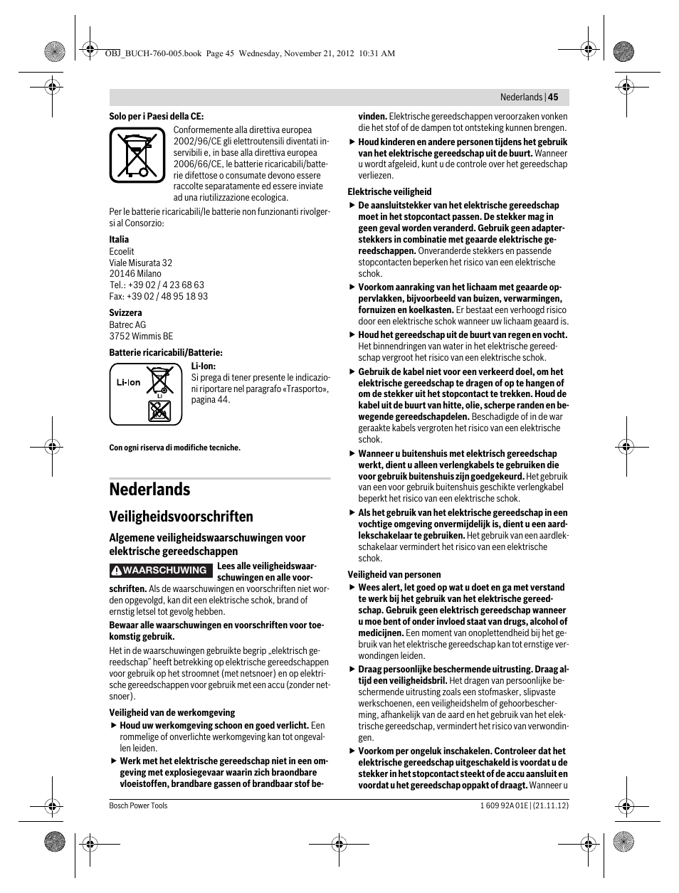 Nederlands, Veiligheidsvoorschriften | Bosch GSA 18 V-LI Professional User Manual | Page 45 / 189