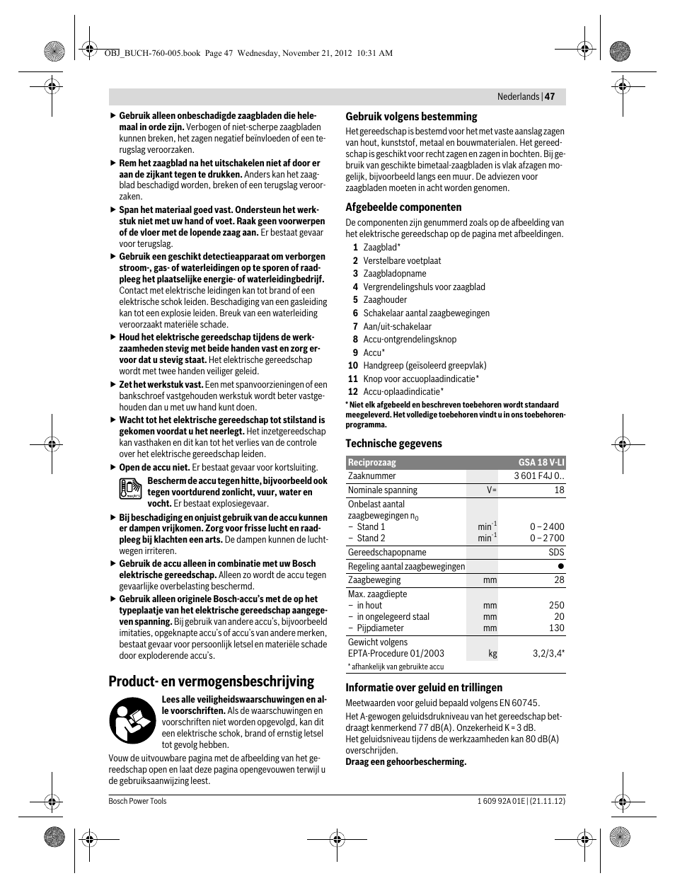 Product- en vermogensbeschrijving | Bosch GSA 18 V-LI Professional User Manual | Page 47 / 189