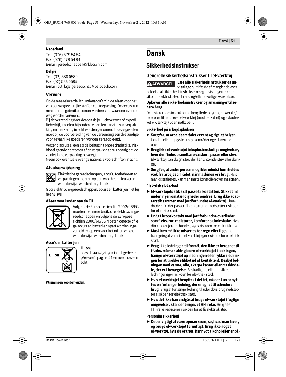 Dansk, Sikkerhedsinstrukser | Bosch GSA 18 V-LI Professional User Manual | Page 51 / 189