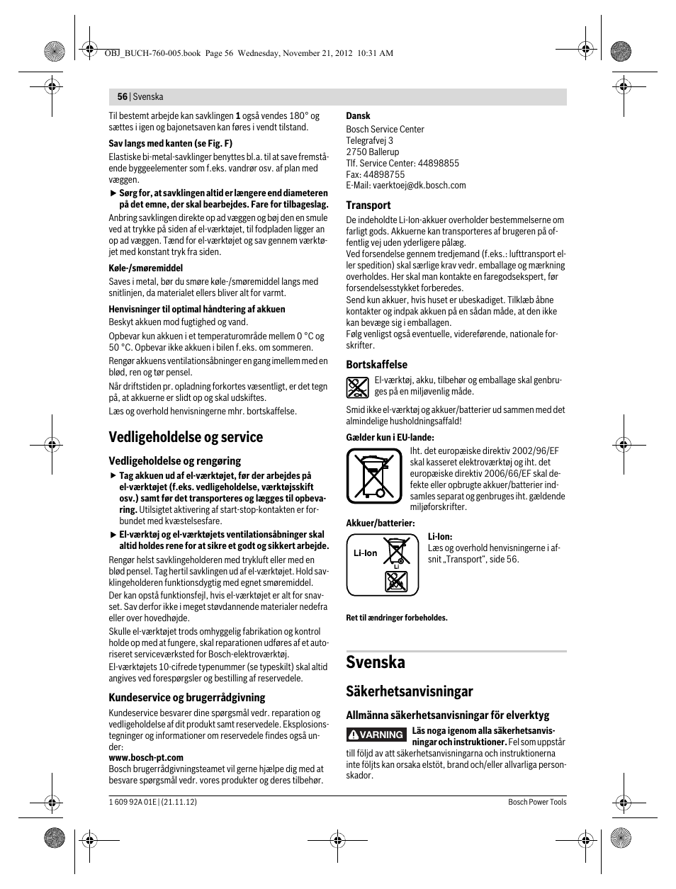 Svenska, Vedligeholdelse og service, Säkerhetsanvisningar | Bosch GSA 18 V-LI Professional User Manual | Page 56 / 189