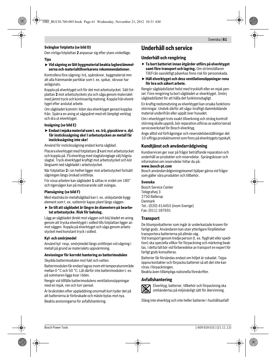 Underhåll och service | Bosch GSA 18 V-LI Professional User Manual | Page 61 / 189