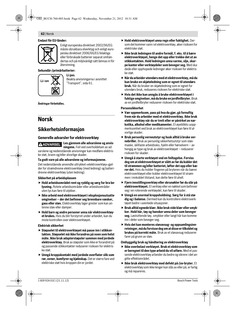 Norsk, Sikkerhetsinformasjon | Bosch GSA 18 V-LI Professional User Manual | Page 62 / 189