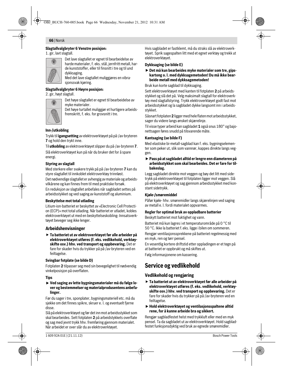 Service og vedlikehold | Bosch GSA 18 V-LI Professional User Manual | Page 66 / 189