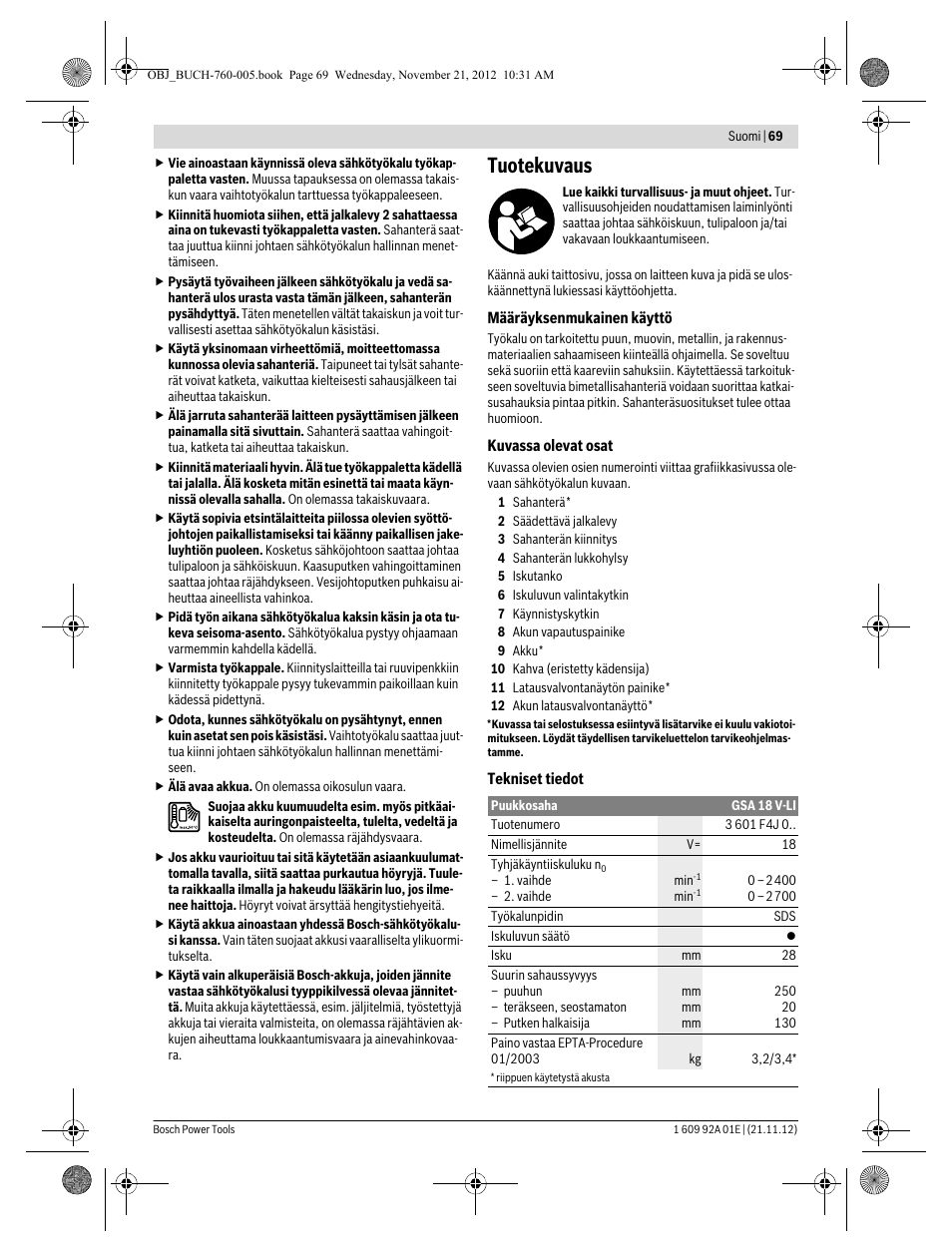 Tuotekuvaus | Bosch GSA 18 V-LI Professional User Manual | Page 69 / 189