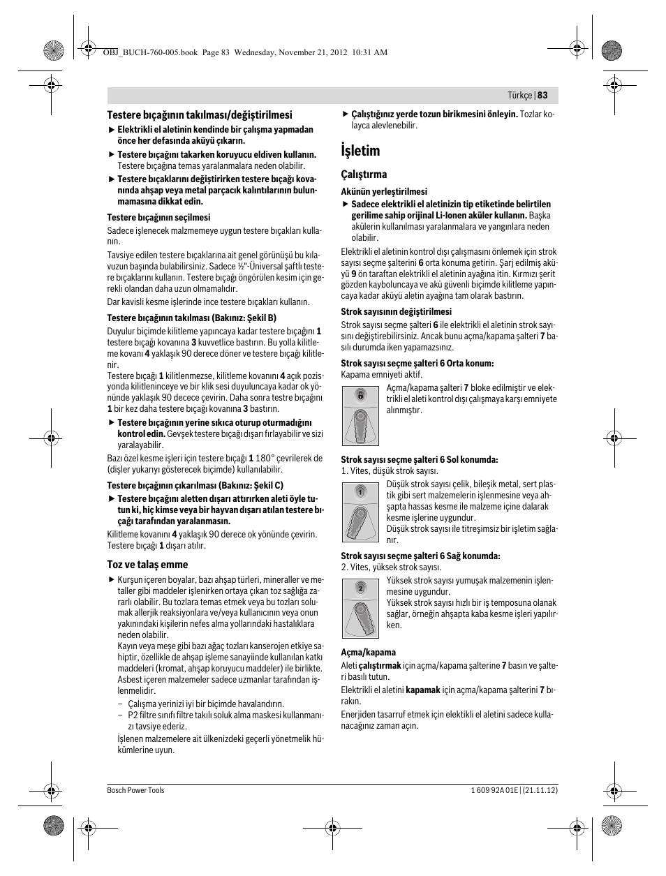 Işletim | Bosch GSA 18 V-LI Professional User Manual | Page 83 / 189