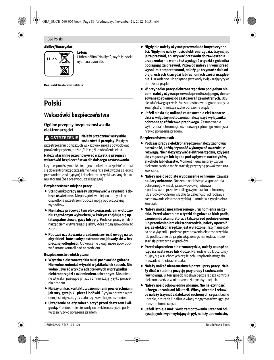 Polski, Wskazówki bezpieczeństwa | Bosch GSA 18 V-LI Professional User Manual | Page 86 / 189