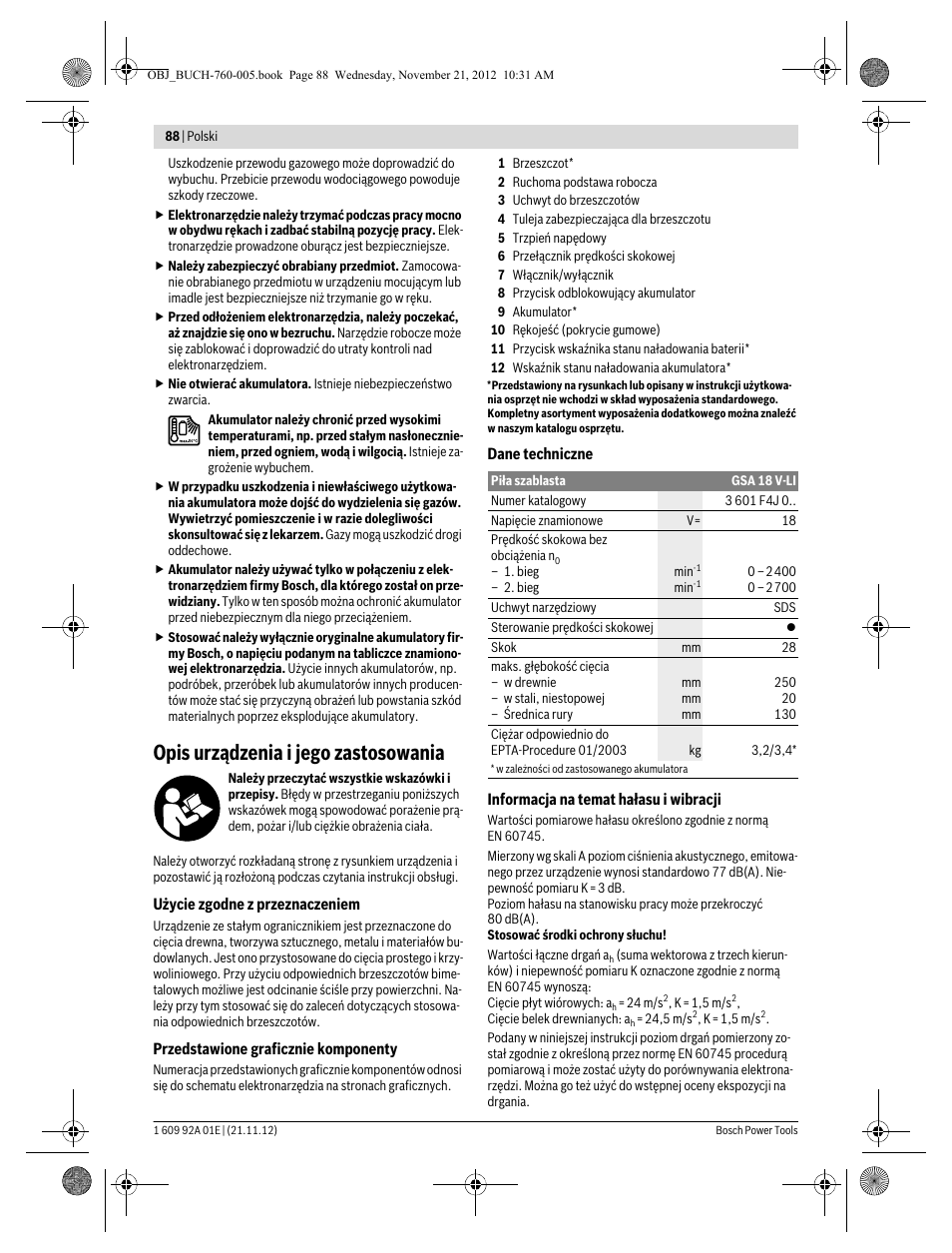 Opis urządzenia i jego zastosowania | Bosch GSA 18 V-LI Professional User Manual | Page 88 / 189