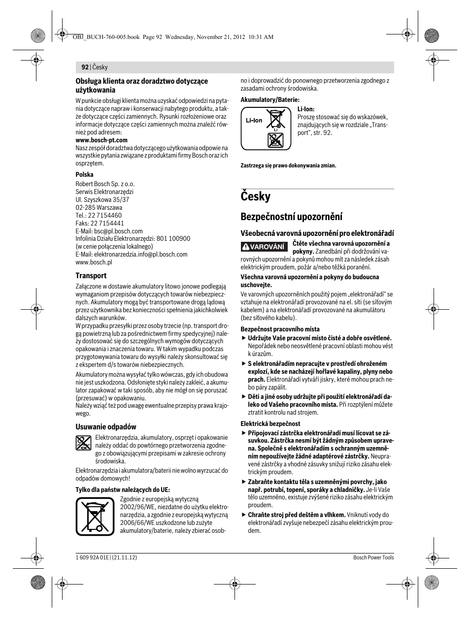 Česky, Bezpečnostní upozornění | Bosch GSA 18 V-LI Professional User Manual | Page 92 / 189