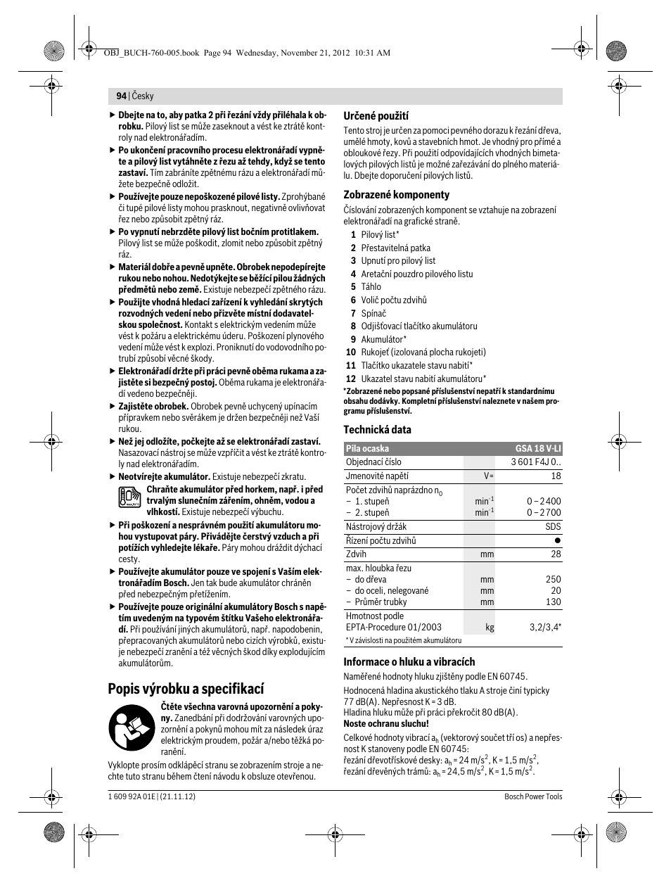 Popis výrobku a specifikací | Bosch GSA 18 V-LI Professional User Manual | Page 94 / 189