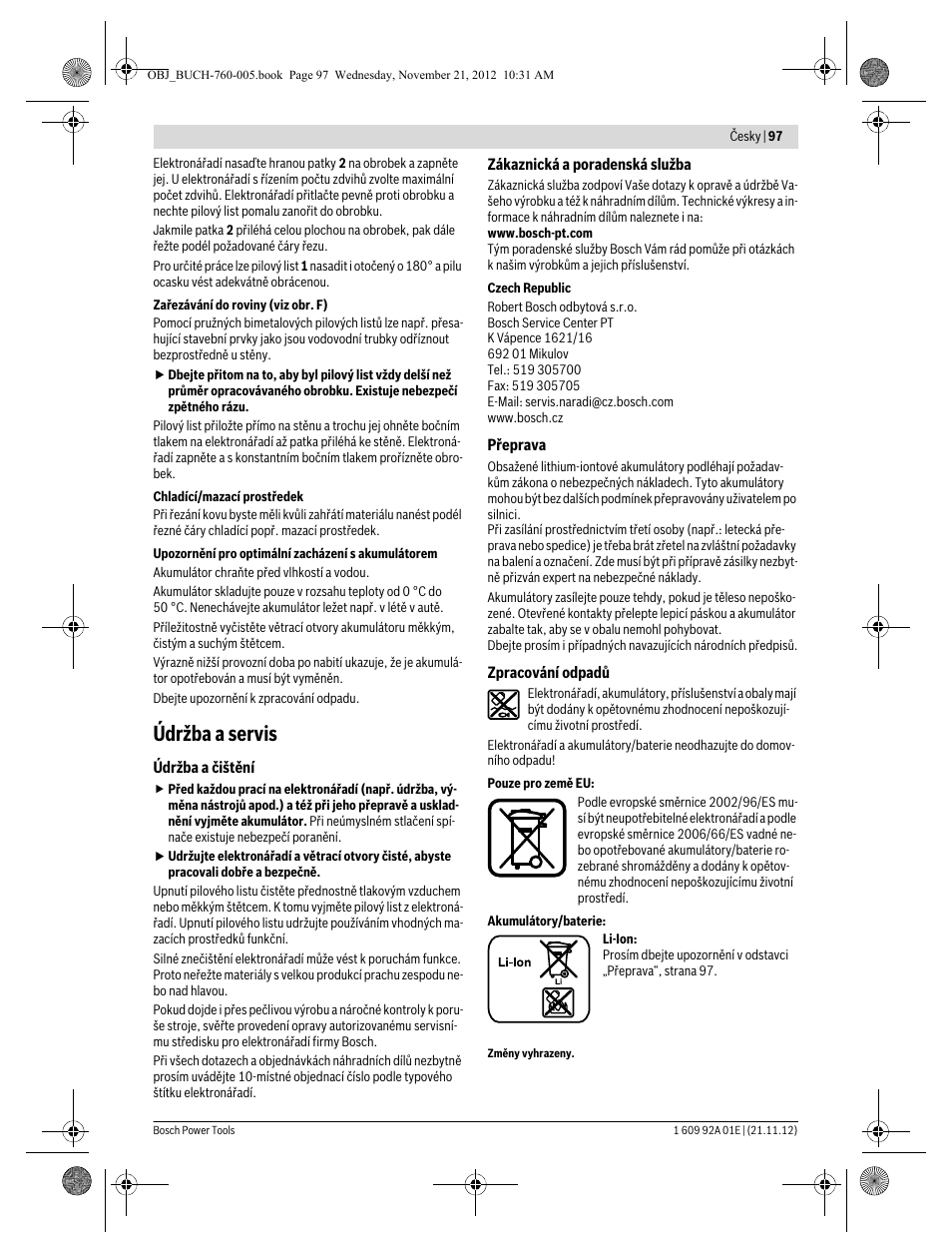 Údržba a servis | Bosch GSA 18 V-LI Professional User Manual | Page 97 / 189