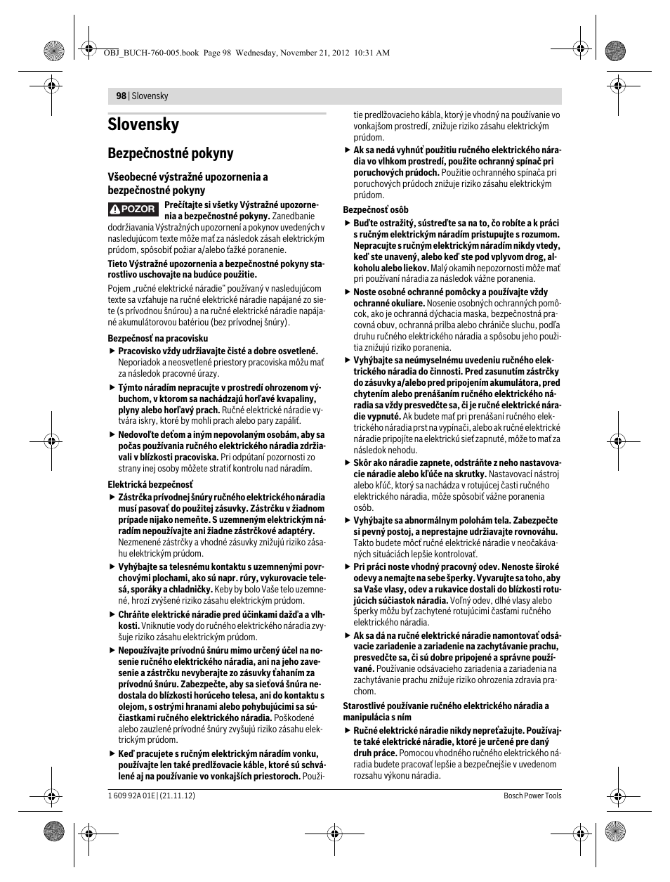 Slovensky, Bezpečnostné pokyny | Bosch GSA 18 V-LI Professional User Manual | Page 98 / 189