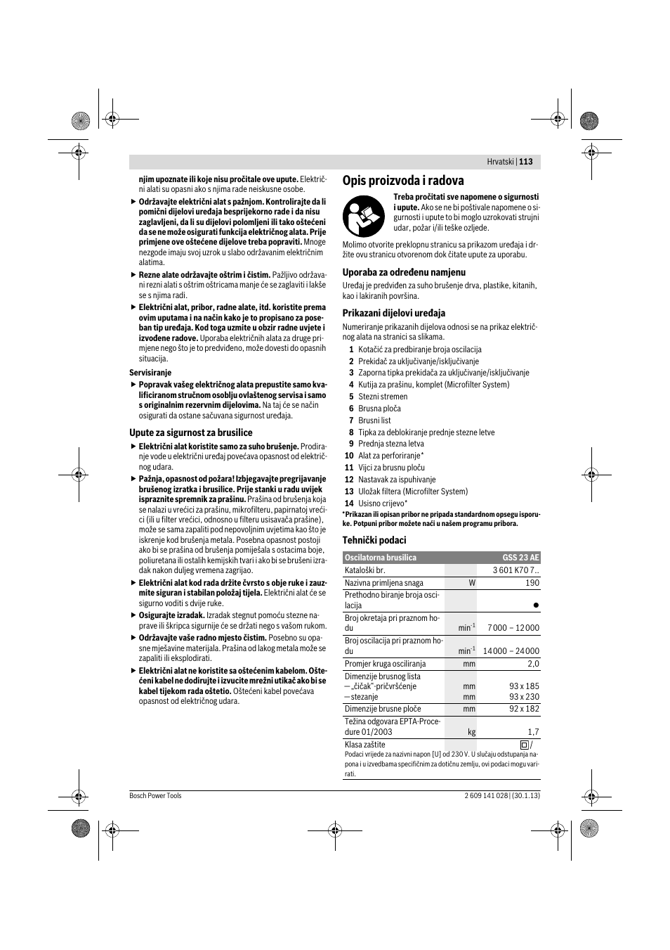 Opis proizvoda i radova | Bosch GSS 23 AE Professional User Manual | Page 113 / 130