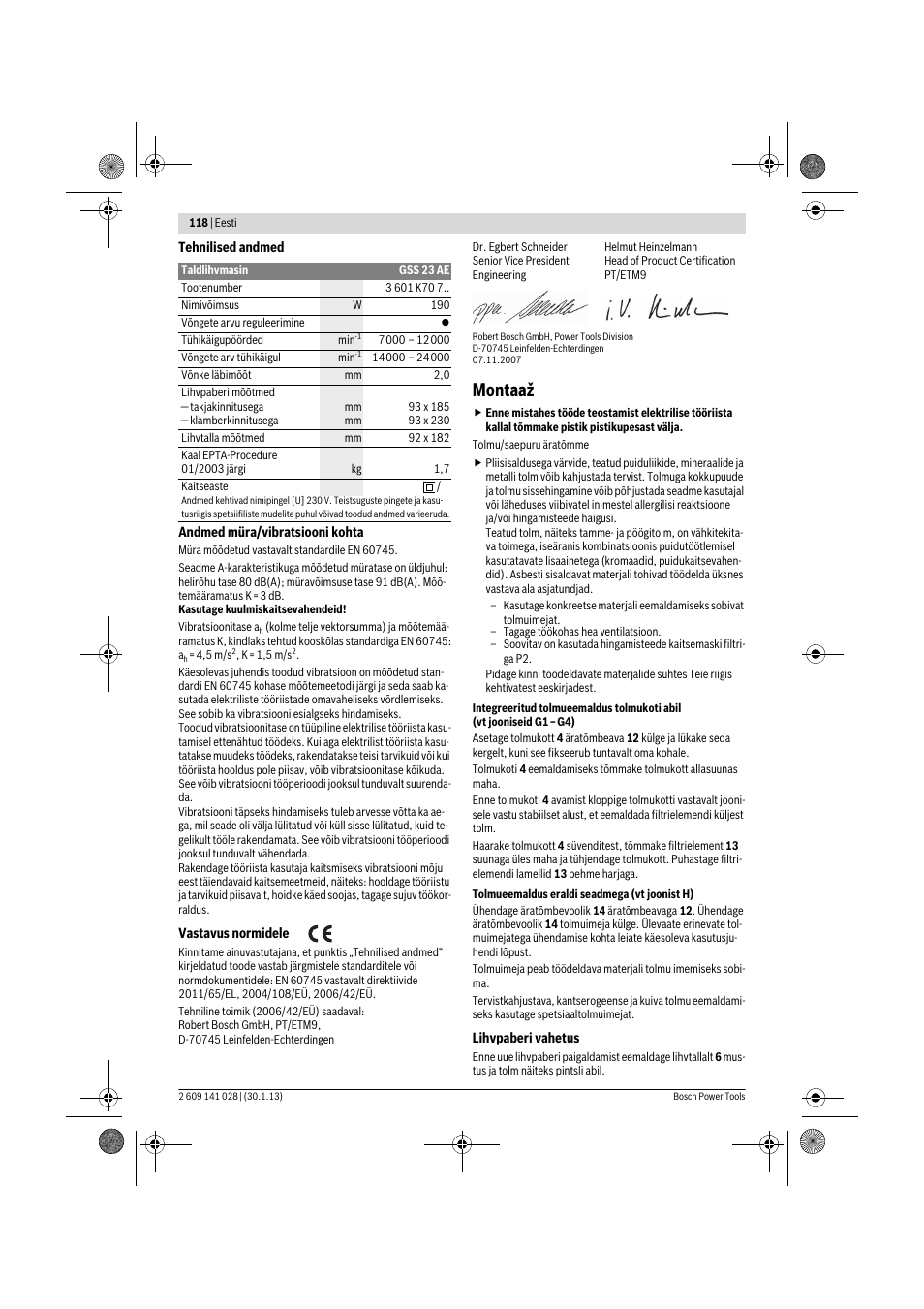 Montaaž | Bosch GSS 23 AE Professional User Manual | Page 118 / 130