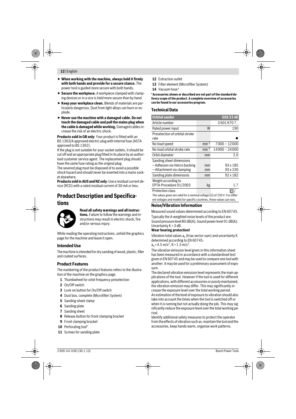 Product description and specifica- tions | Bosch GSS 23 AE Professional User Manual | Page 12 / 130