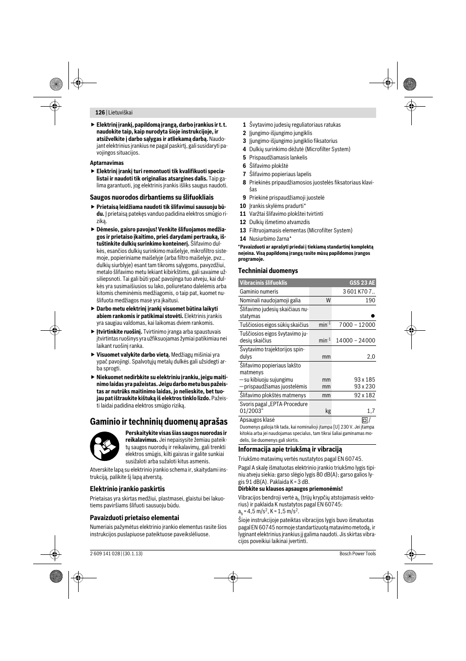 Gaminio ir techninių duomenų aprašas | Bosch GSS 23 AE Professional User Manual | Page 126 / 130