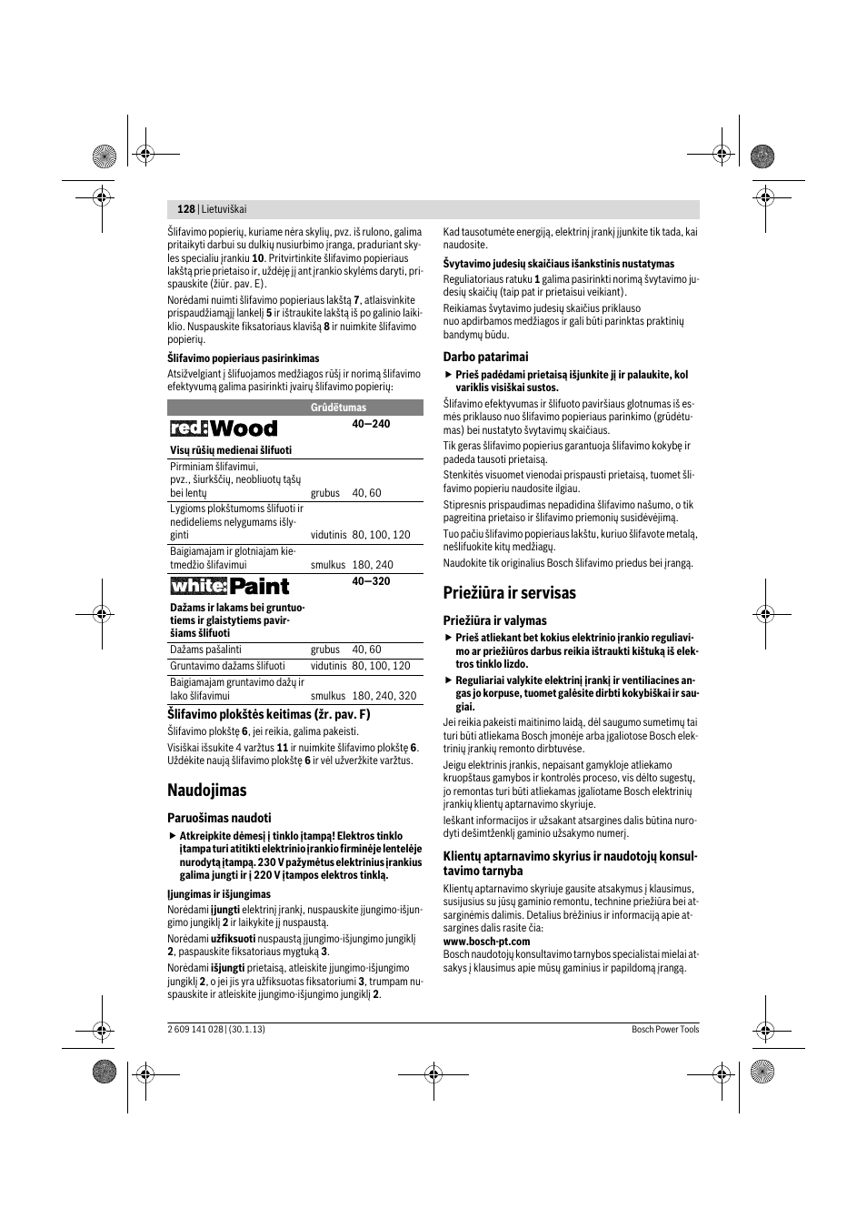 Naudojimas, Priežiūra ir servisas | Bosch GSS 23 AE Professional User Manual | Page 128 / 130