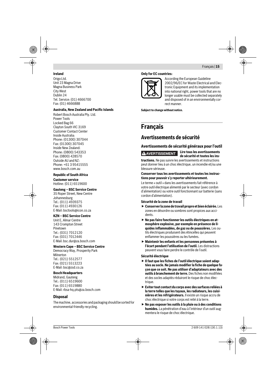 Français, Avertissements de sécurité | Bosch GSS 23 AE Professional User Manual | Page 15 / 130