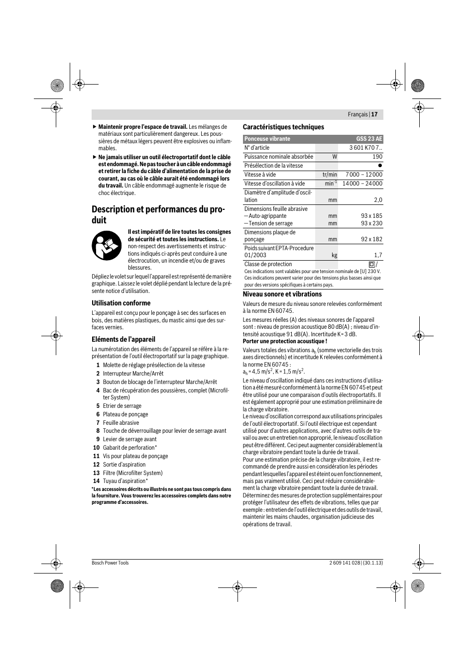 Description et performances du pro- duit | Bosch GSS 23 AE Professional User Manual | Page 17 / 130