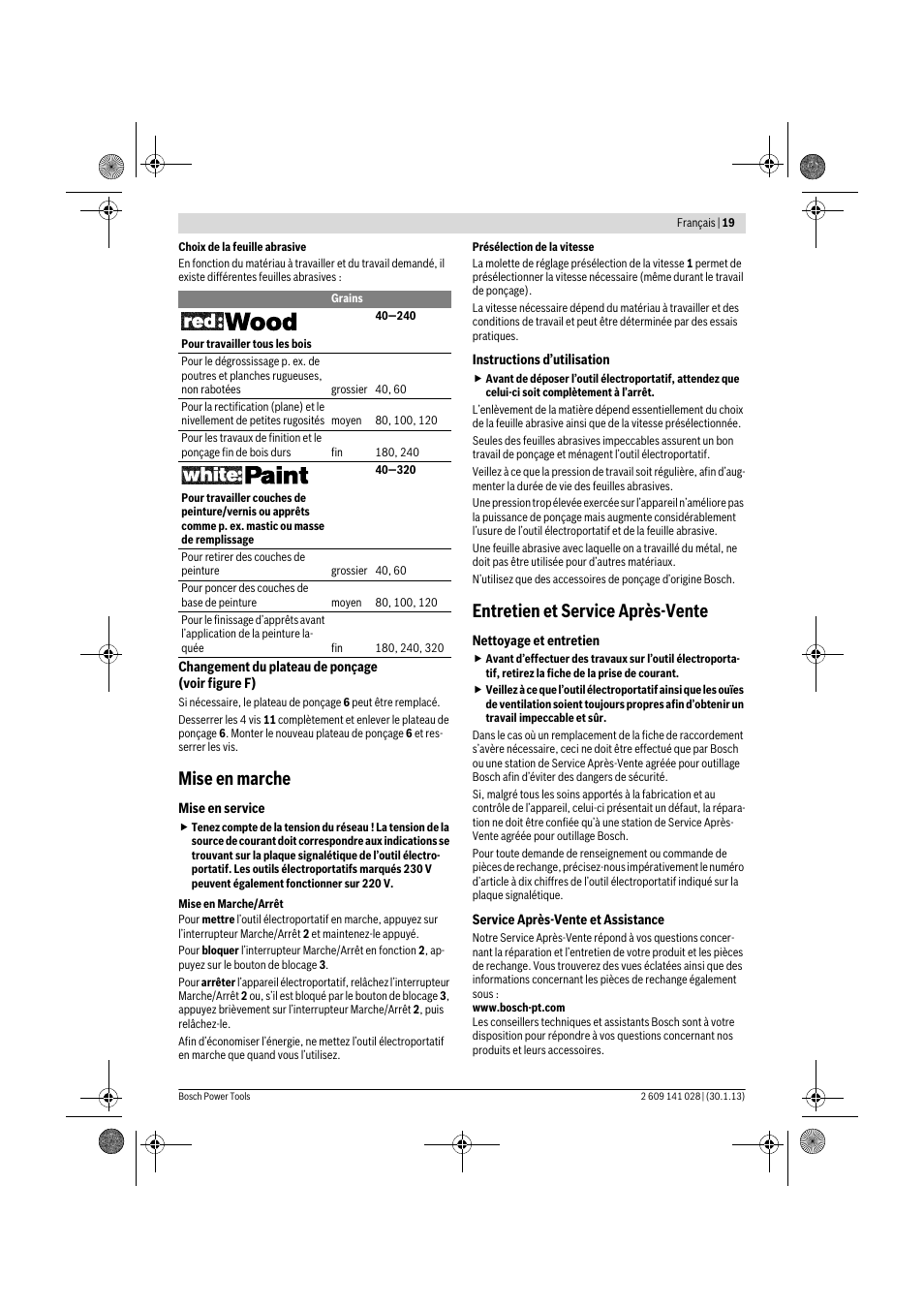 Mise en marche, Entretien et service après-vente | Bosch GSS 23 AE Professional User Manual | Page 19 / 130