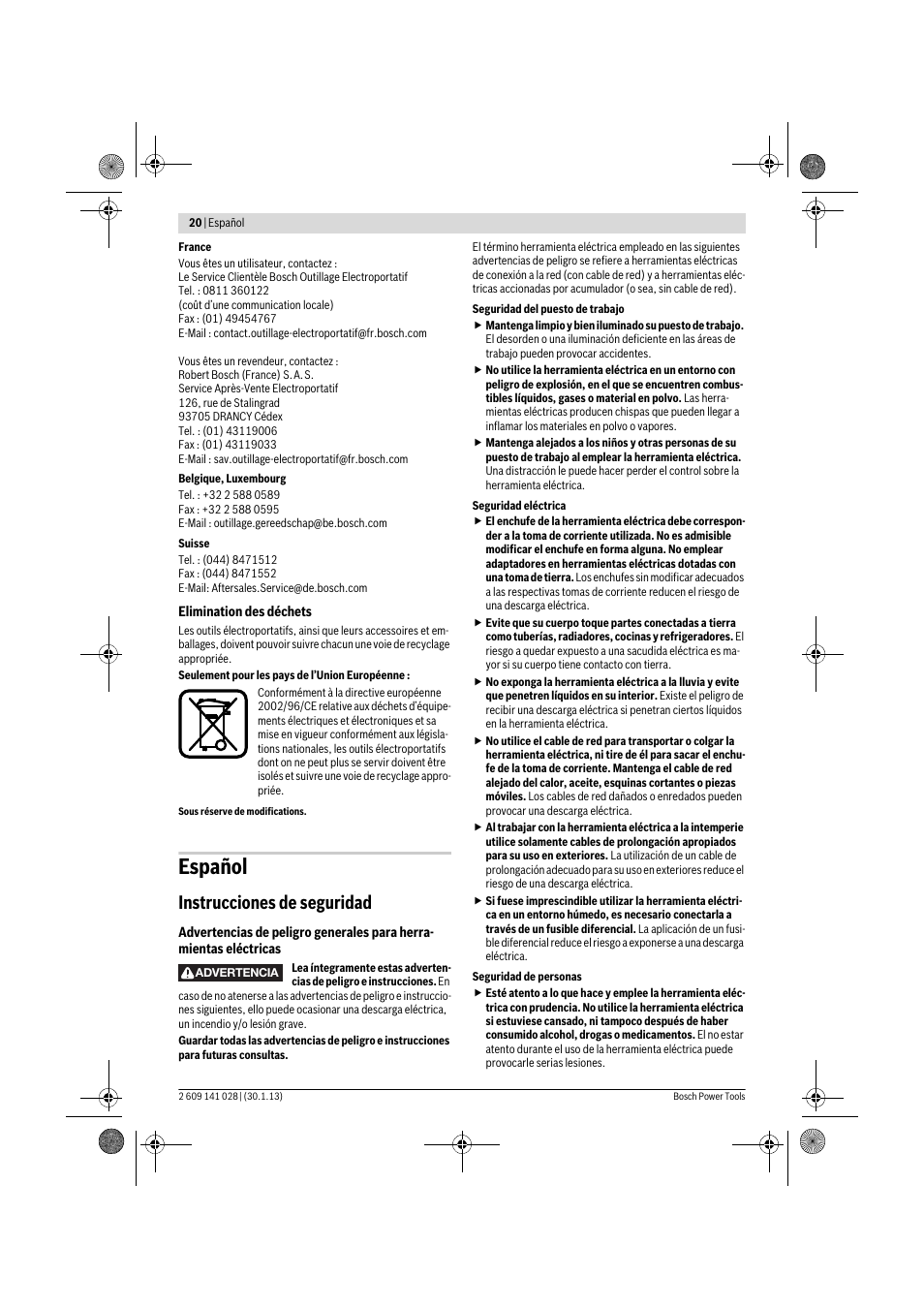 Español, Instrucciones de seguridad | Bosch GSS 23 AE Professional User Manual | Page 20 / 130