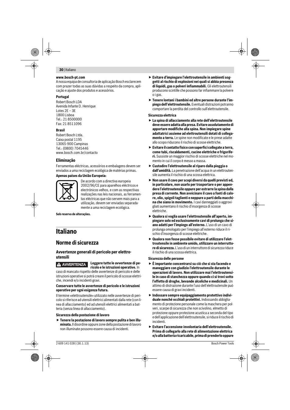 Italiano, Norme di sicurezza | Bosch GSS 23 AE Professional User Manual | Page 30 / 130