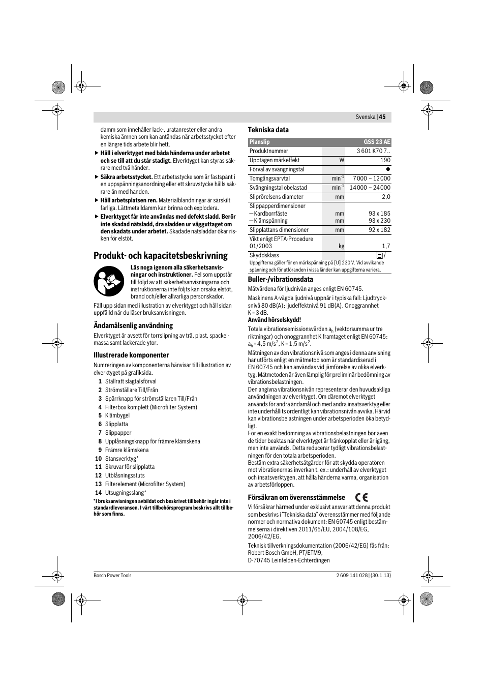 Produkt- och kapacitetsbeskrivning | Bosch GSS 23 AE Professional User Manual | Page 45 / 130