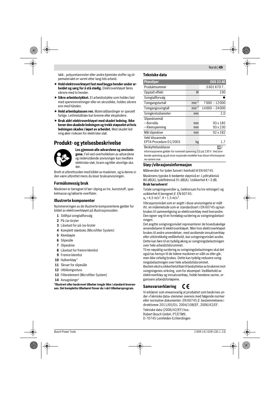 Produkt- og ytelsesbeskrivelse | Bosch GSS 23 AE Professional User Manual | Page 49 / 130