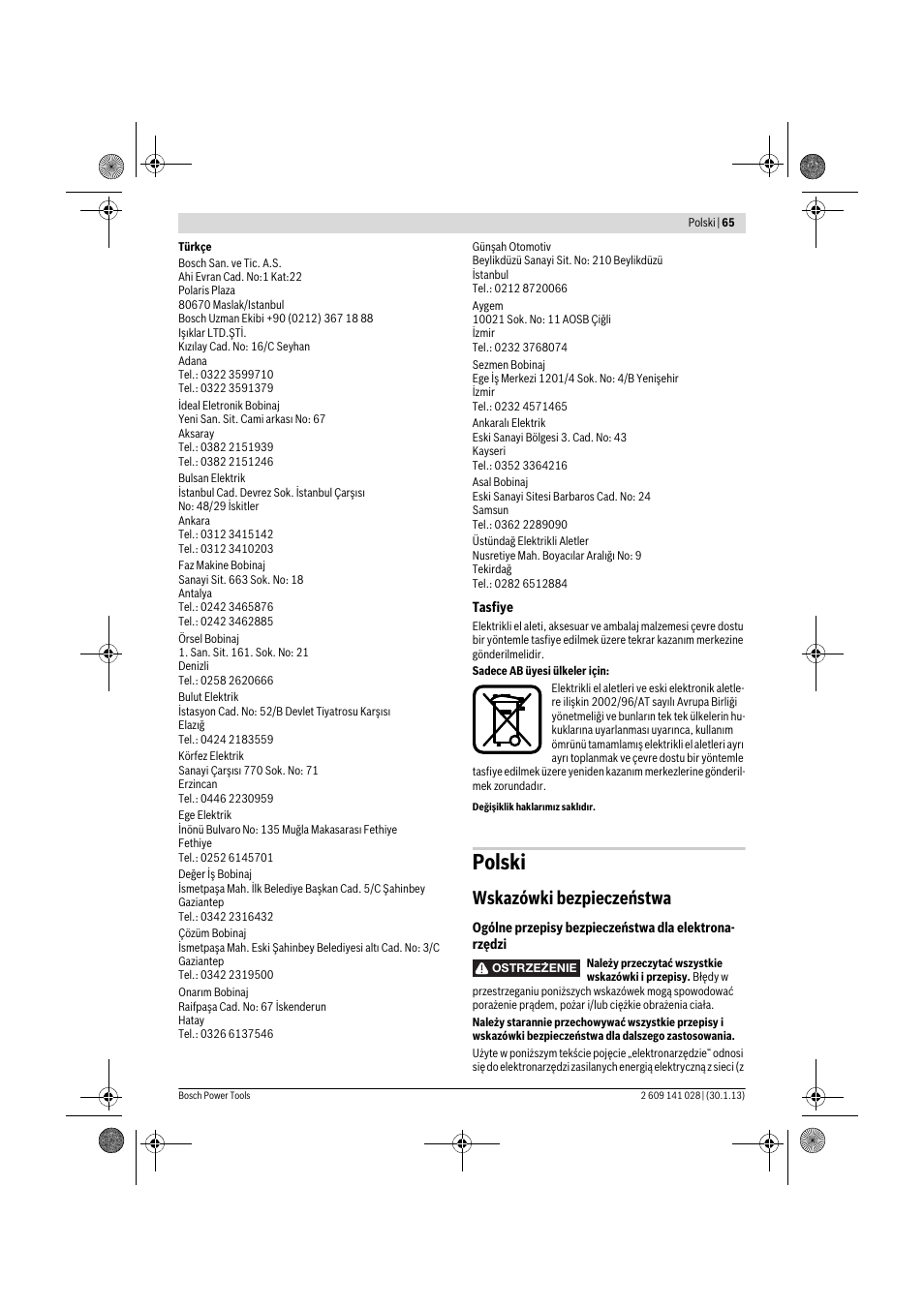 Polski, Wskazówki bezpieczeństwa | Bosch GSS 23 AE Professional User Manual | Page 65 / 130