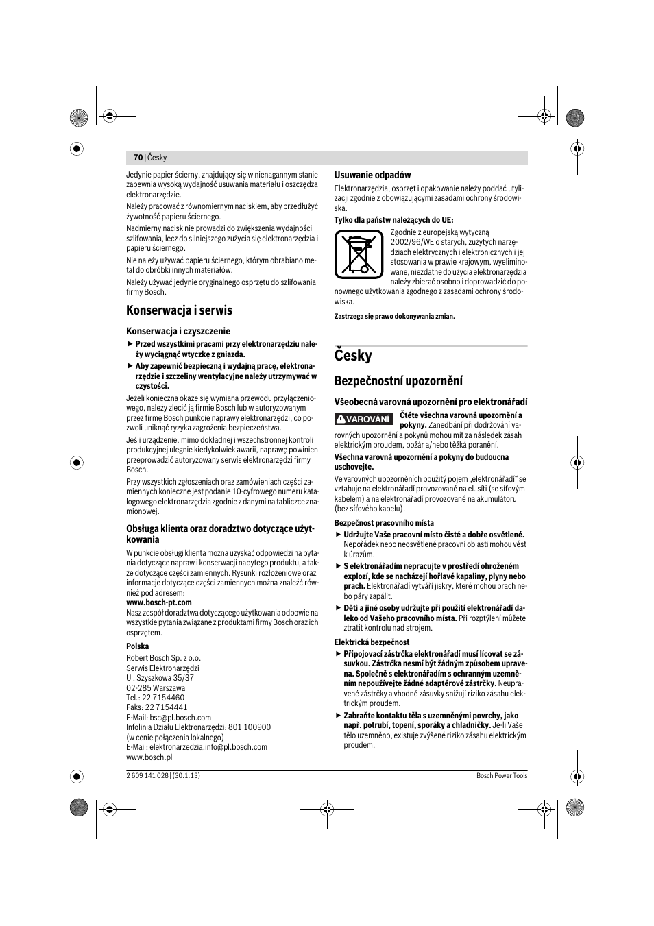 Česky, Konserwacja i serwis, Bezpečnostní upozornění | Bosch GSS 23 AE Professional User Manual | Page 70 / 130