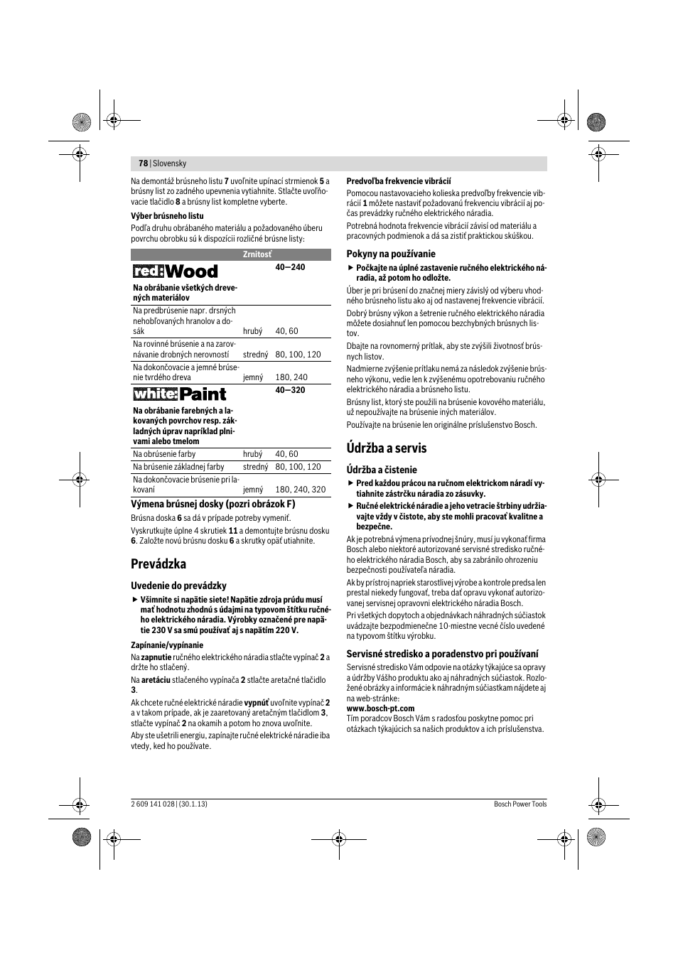 Prevádzka, Údržba a servis | Bosch GSS 23 AE Professional User Manual | Page 78 / 130