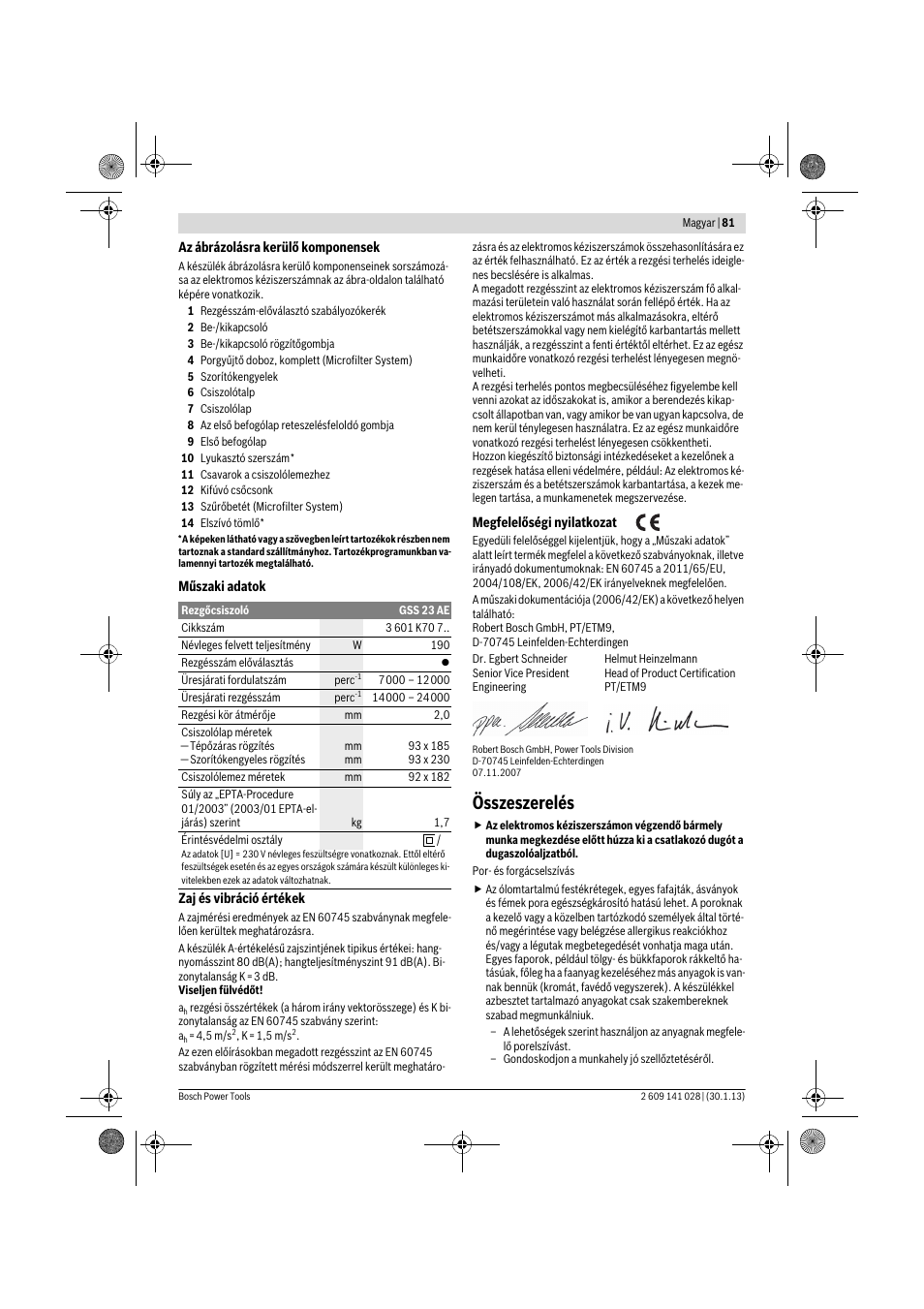Összeszerelés | Bosch GSS 23 AE Professional User Manual | Page 81 / 130