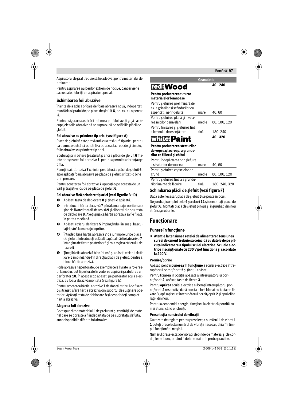 Funcţionare | Bosch GSS 23 AE Professional User Manual | Page 97 / 130