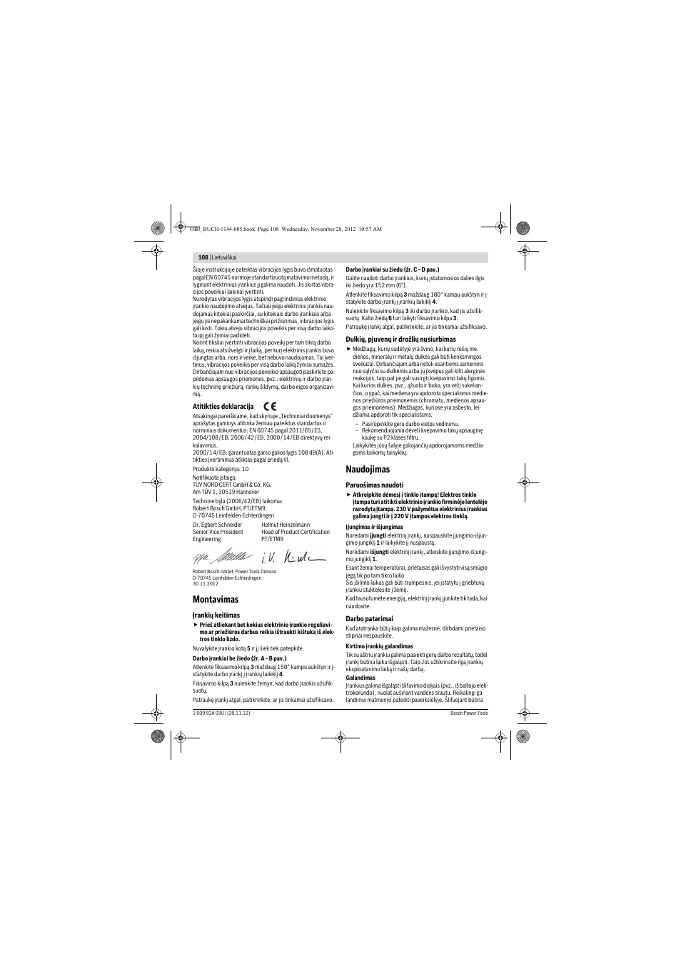 Montavimas, Naudojimas | Bosch GSH 27 VC Professional User Manual | Page 108 / 119