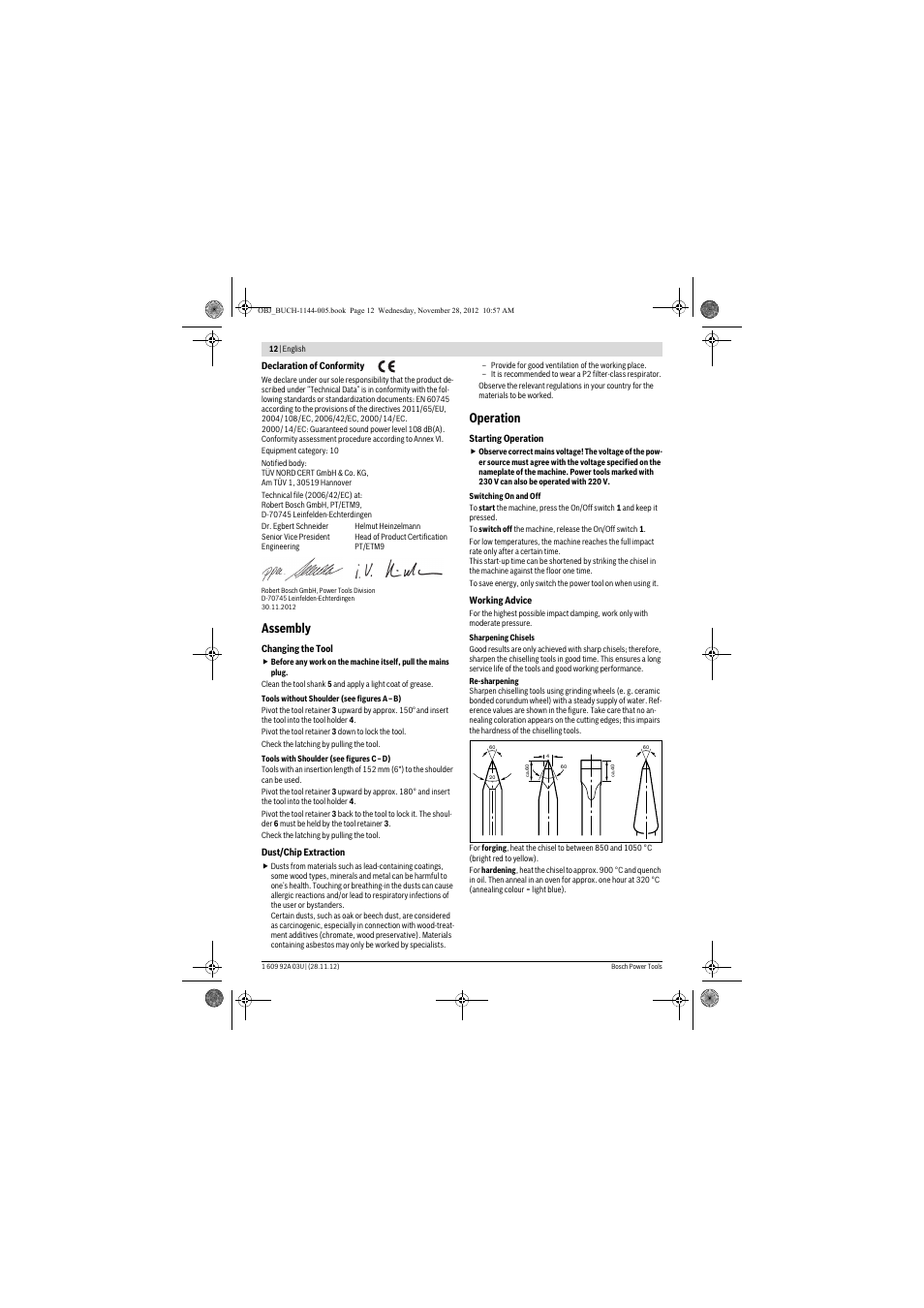 Assembly, Operation | Bosch GSH 27 VC Professional User Manual | Page 12 / 119