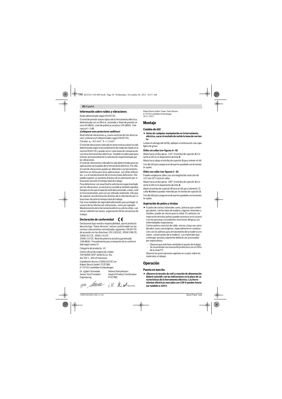 Montaje, Operación | Bosch GSH 27 VC Professional User Manual | Page 20 / 119