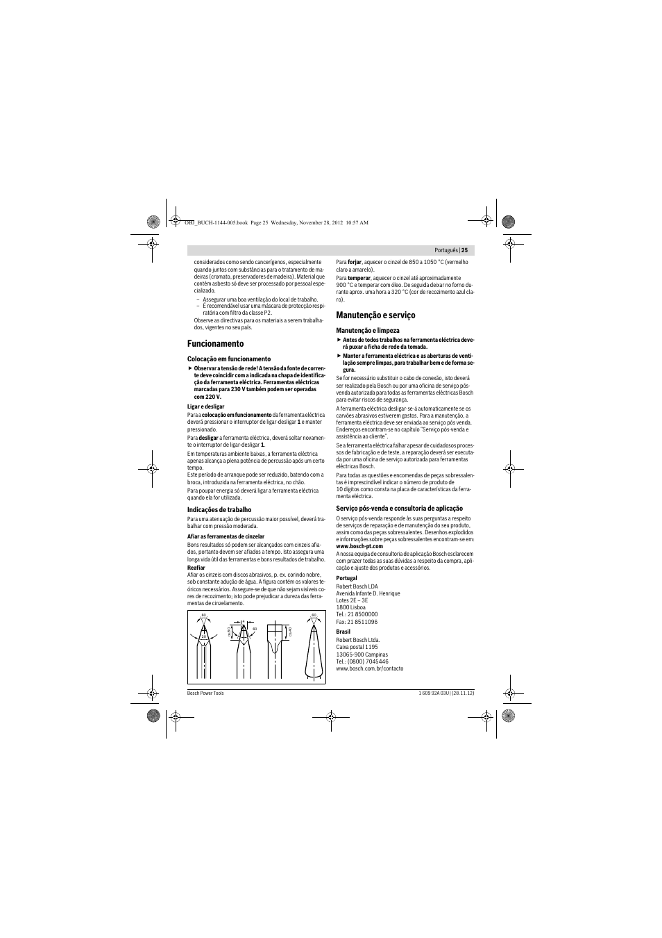 Funcionamento, Manutenção e serviço | Bosch GSH 27 VC Professional User Manual | Page 25 / 119