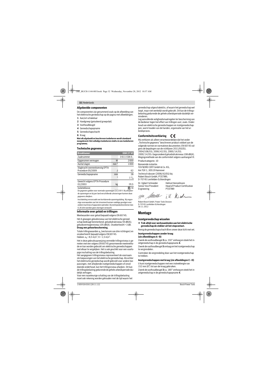 Montage | Bosch GSH 27 VC Professional User Manual | Page 32 / 119