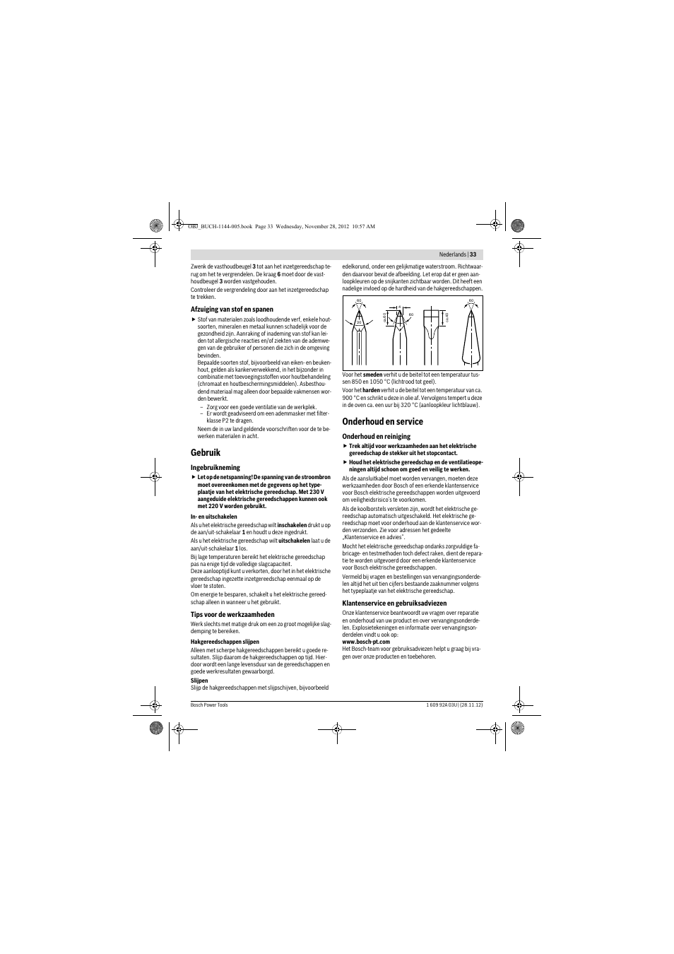 Gebruik, Onderhoud en service | Bosch GSH 27 VC Professional User Manual | Page 33 / 119