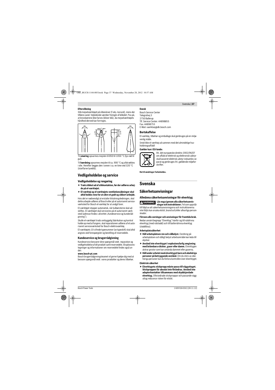 Svenska, Vedligeholdelse og service, Säkerhetsanvisningar | Bosch GSH 27 VC Professional User Manual | Page 37 / 119