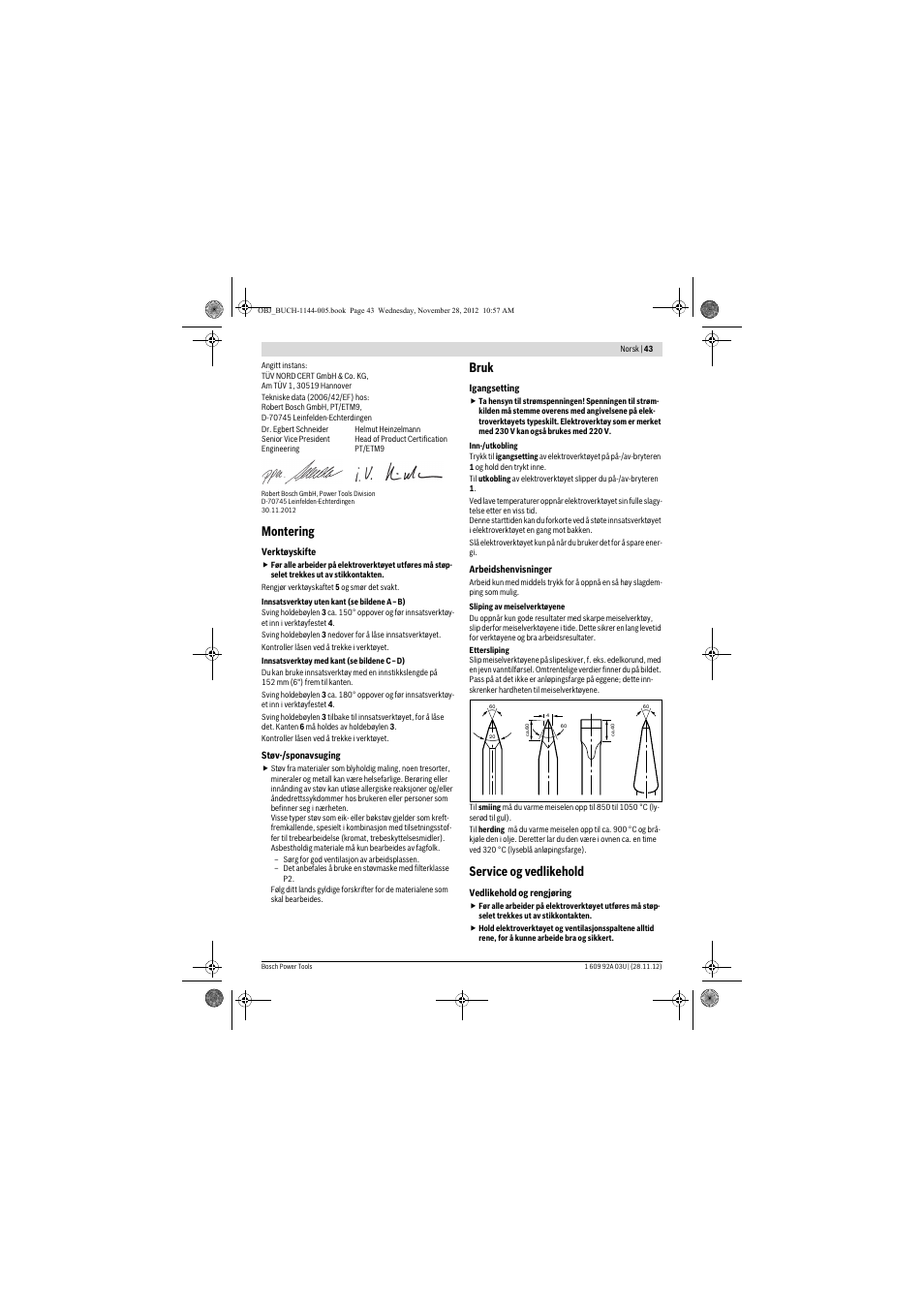 Montering, Bruk, Service og vedlikehold | Bosch GSH 27 VC Professional User Manual | Page 43 / 119